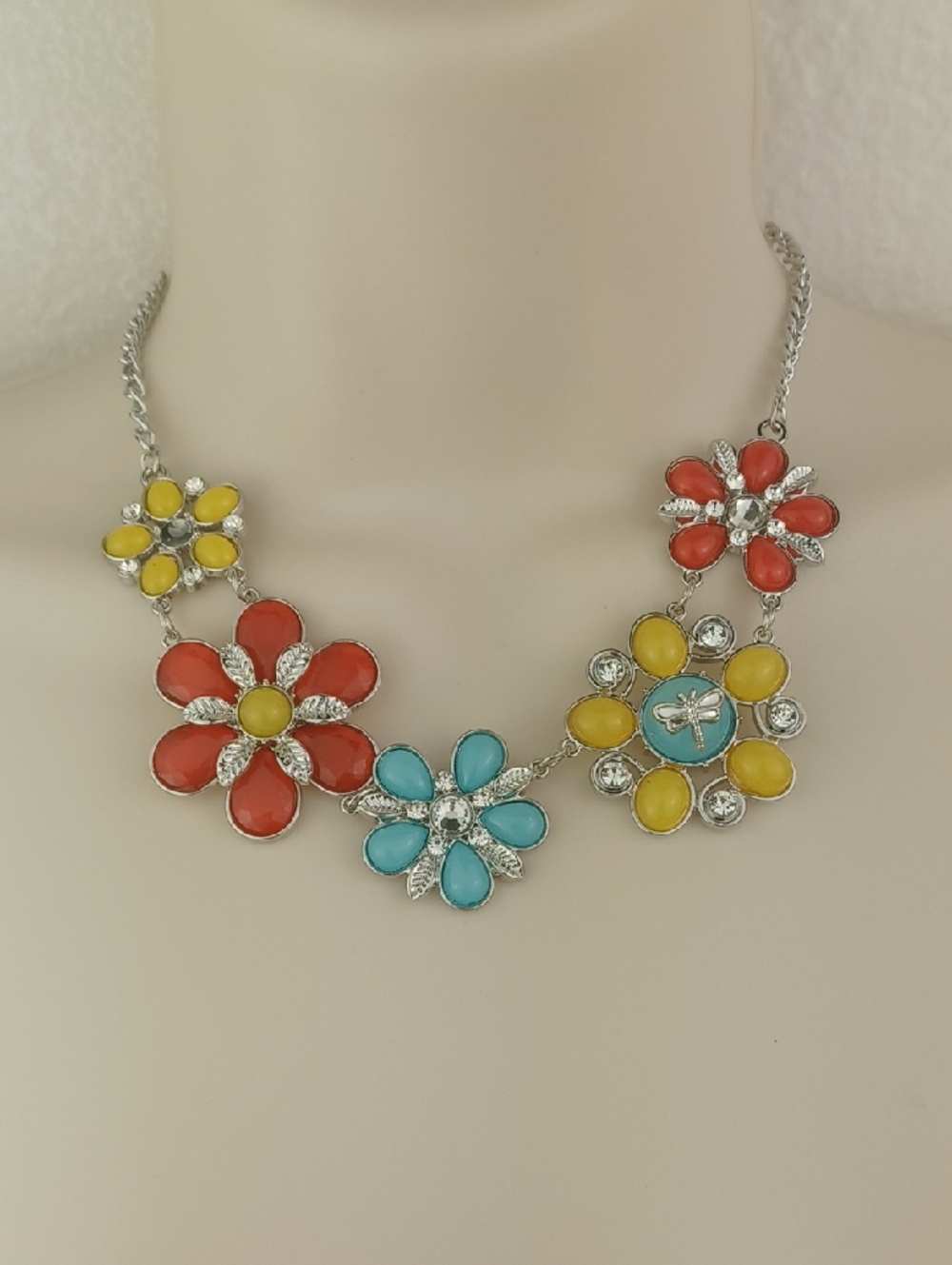 Multicolor Yellow, Red, Turquoise & Rhinestone Floral Statement Necklace